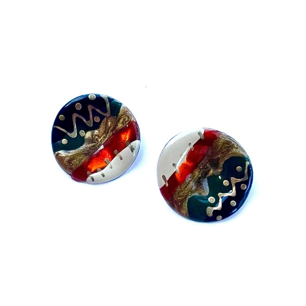 Vintage Painted Circular Patterned Push Back Closure Stud Earrings
